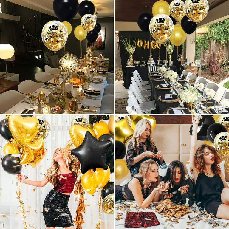 YANSION Birthday Decorations Set - Black Gold 7th Happy Birthday Party  Decorations Kit for Girls Giant Number 7 Helium Balloons Ribbons Pom Poms 