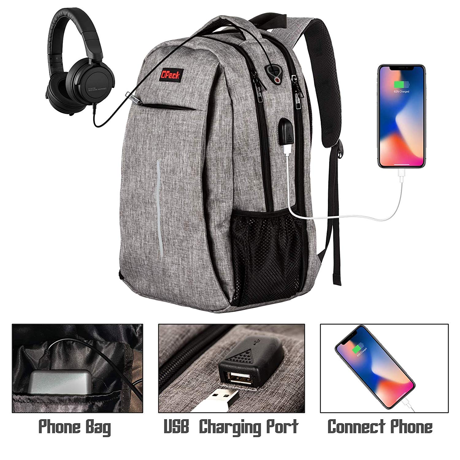 OPACK Travel Gray Backpack Anti Theft RFID Water Resistant Unisex 17 ...