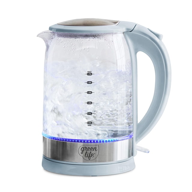 GreenLife 1.7 Liter Glass Electric Kettle, Easy One Touch Use, Quick Heating, Filtered Spout, LED Base, Auto Shut-Off, Cordless Serving, Coffee and Tea, Blue Haze
