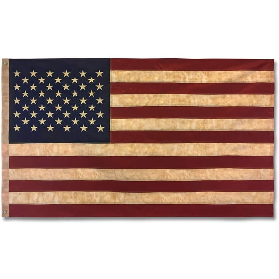 FRF 3' x 5' Vintage Tea Stained US American Flag 3x5 Embroidered Heavy Duty US Primitive Tea Dye Historical Flags Banner with 2 Brass Metal Grommets Sewn Stripes