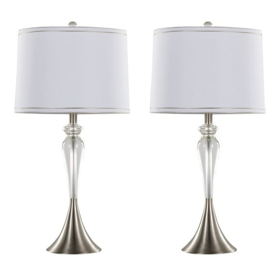 28.25" Sleek Crystal Table Lamp w/ Brushed Nickel Finish White Linen Shades
