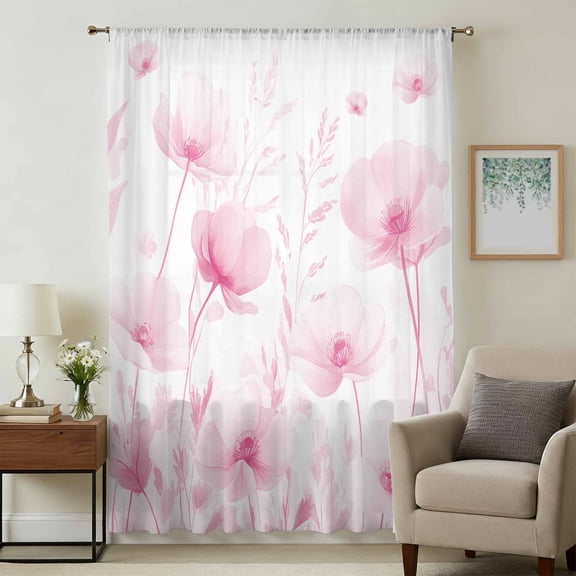 Pink Spring Floral Sheer Curtains 108" Extra Long, Summer Botanical Watercolor Vintage Light Filering Curtains, Privacy Drapes Simi Floor to Veiling Curtain for Living Room Large Window Treatment