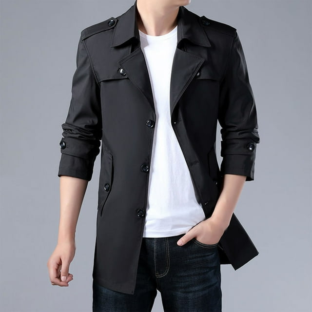 LOVZFMLL Jackets for Men Fashion Solid Color Button Pocket Medium Long Sleeve Casual Windcoat Coat