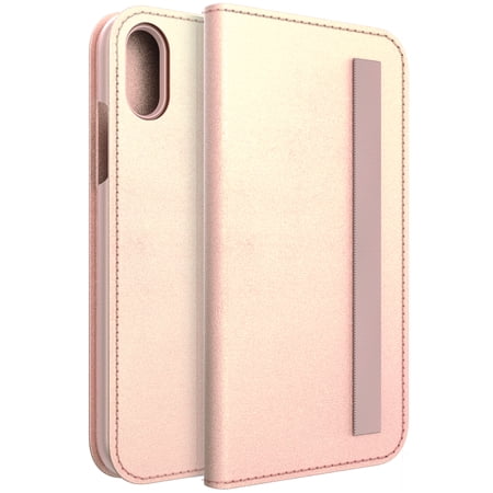 - Blackweb Genuine Rose Gold Leather Folio with Elastic Closure & Storage For iPhone XR