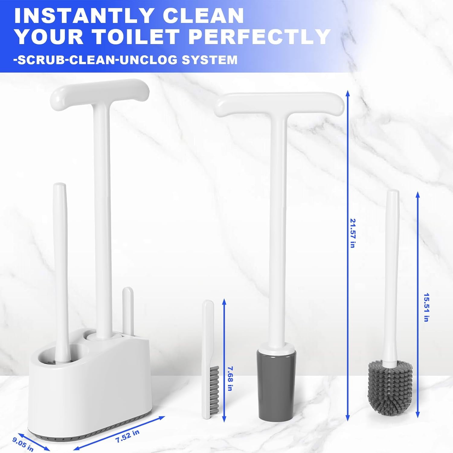 Toilet Brush and Plunger Set, Heavy Duty Bowl Brush and Holder, Bathroom Cleaning Supplies (White)