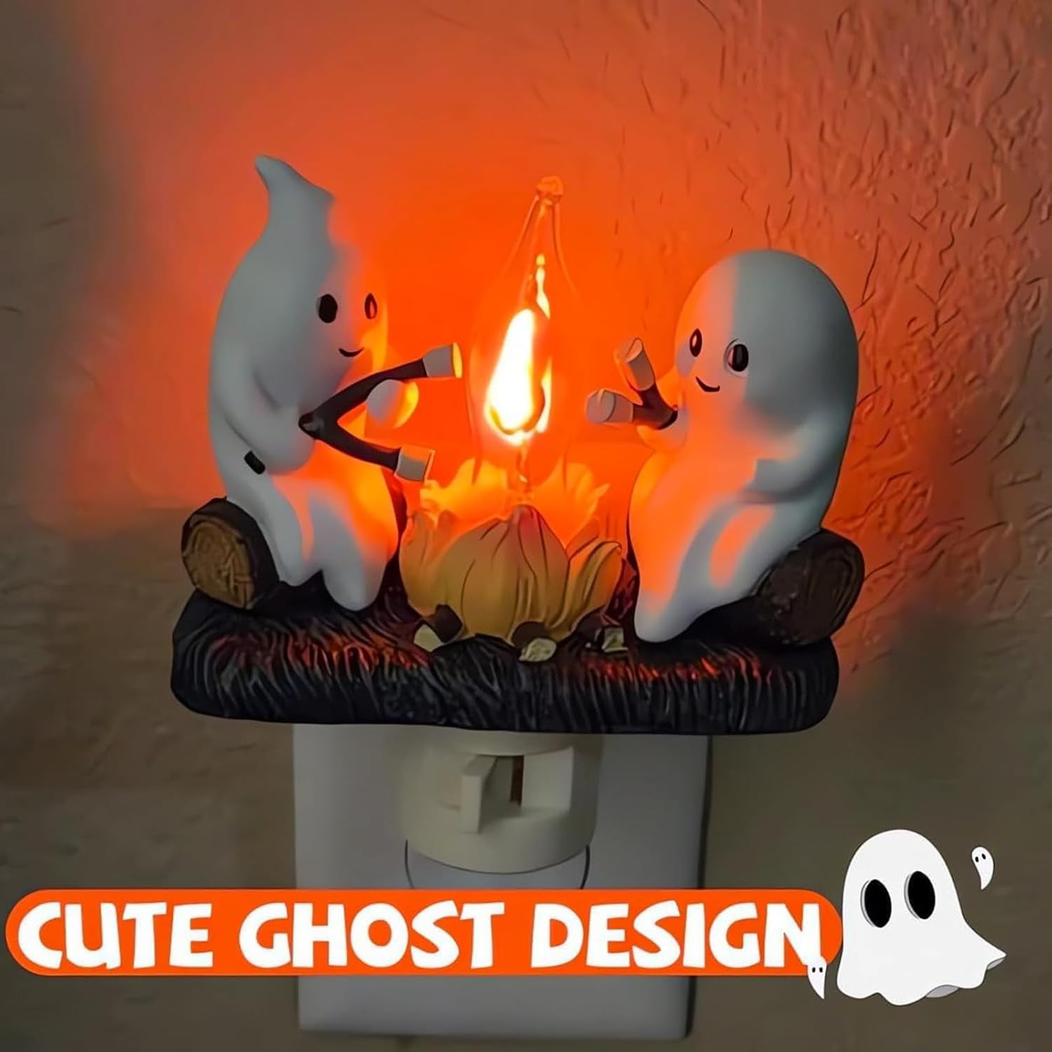 2024 Ghost Campfire Flickering Nightlight, Halloween Night Lights Plug into Wall, 3D Spooky Fire Marshmallow Night Light, Ghost Pumpkin Night Light Dusk Funny Halloween Room Decorations (A-1PC)