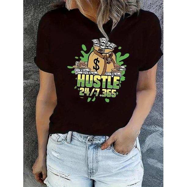 Camisetas con gráficos clásico para mujeres y adolescentes y niñas, playera de verano con estampado estéticoCreative English Banknote Pattern Printed Women'S Fashion Trendy Round Neck Short Sleeve,
