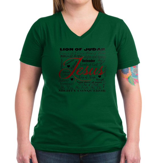 CafePress - The Name Of Jesus T Shirt - Women's V-Neck Dark T-Shirt