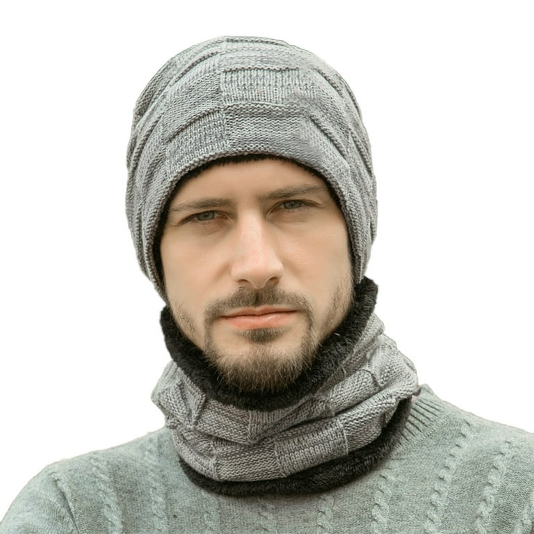 Men Winter Beanie Hats Scarf Set Warm Knit Hats Skull Cap Neck