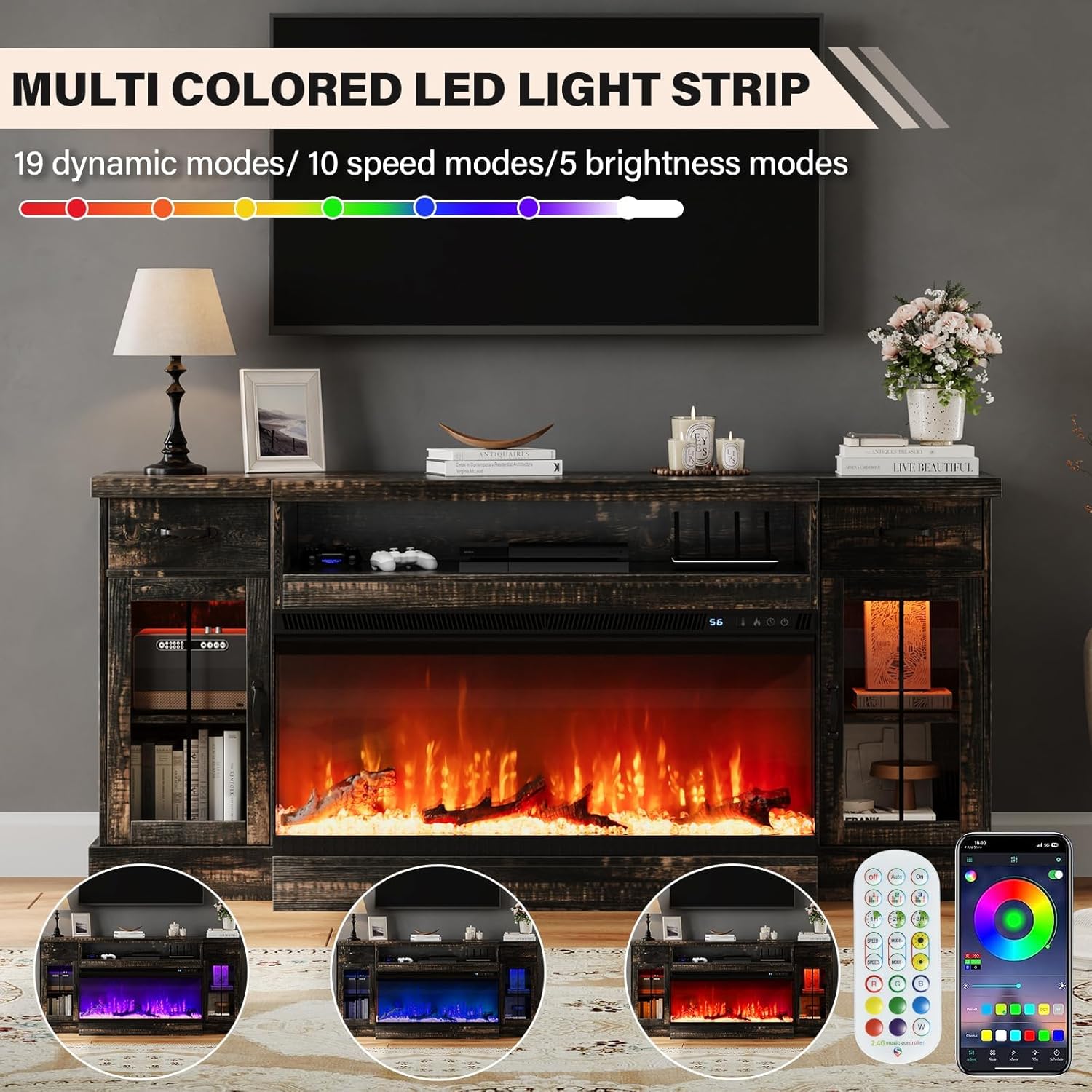 DreamCurship Fireplace TV Stand for TVs up to 80", Farmhouse TV Stand with Electric Fireplace, Glass Door Entertainment Center with Led Light, Media Console Table for Living Room, Oak