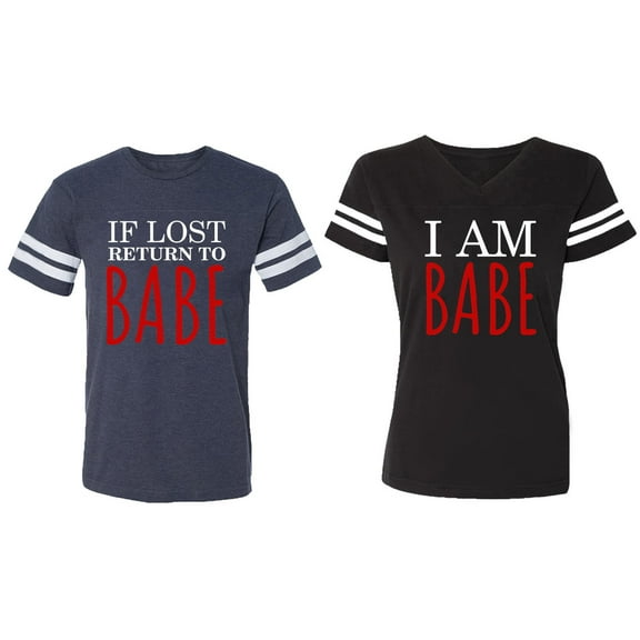IF Lost Return To Babe I am Babe Matching Couple Cotton Jerseys (Men Navy / Women Black) (Men S / Women S)