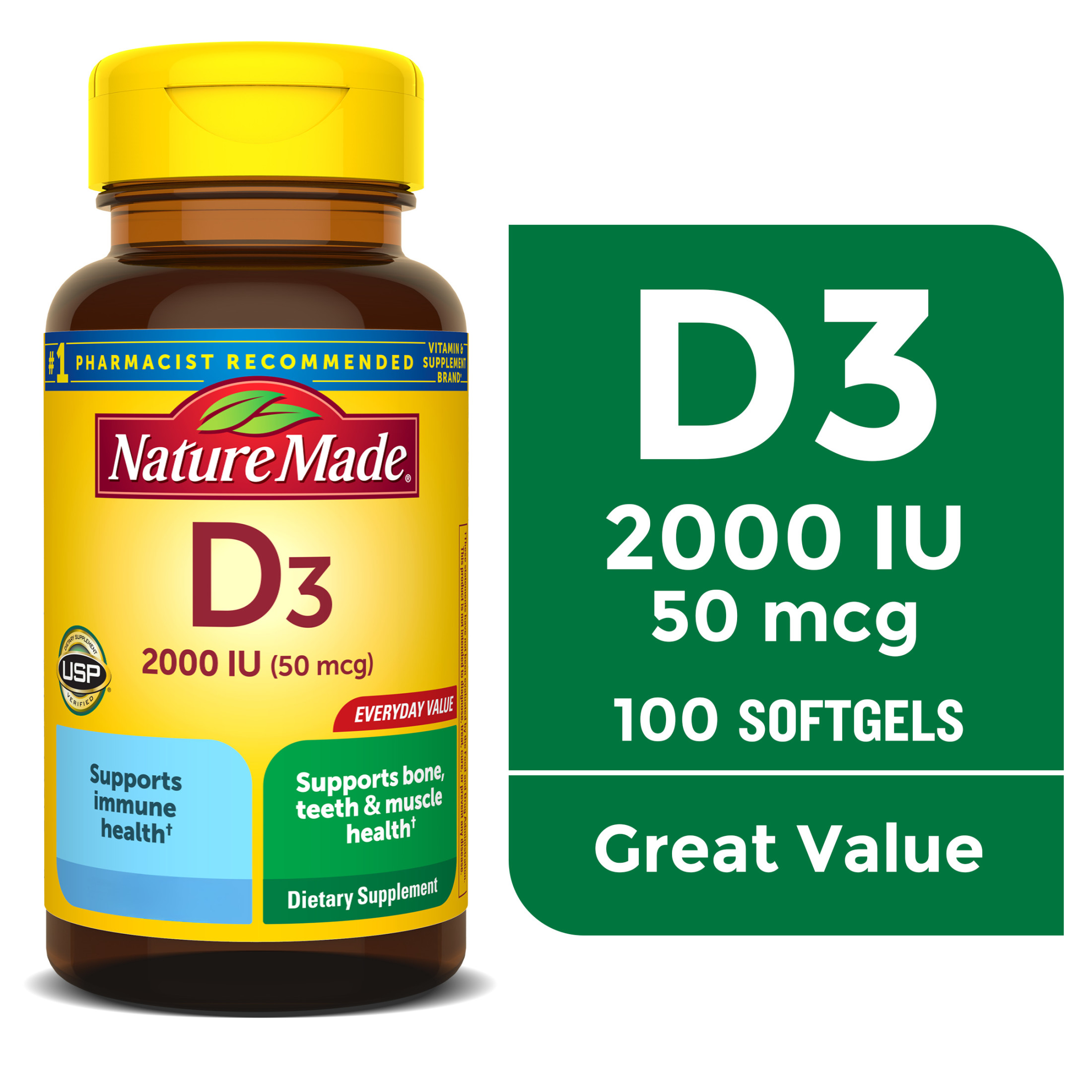 Nature Made Vitamin D3 2000 IU (50 mcg) Softgels, Vitamin D Supplement for Bone and Immune Health Support, 100 Count