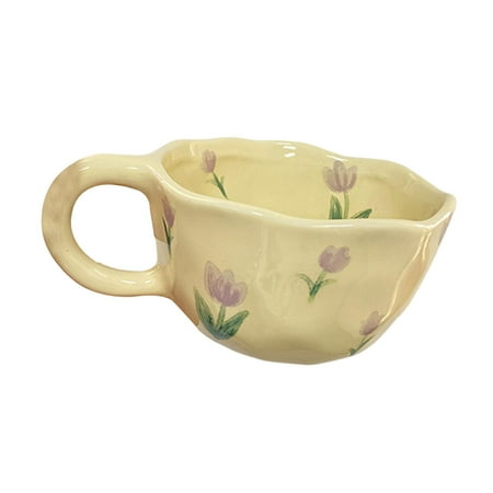 

Breakfast Mug Ceramic Coffee Mugs Vintage Comfortable Grip Handmade Reusable Tea Cup Coffee Mug with Flower for Shop Office Home
