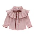 thumbnail image 2 of Girls' Striped Ruffled Shirt Long Sleeve Collared Cute Bow Blouse Casual Spring Summer Top for Playdates & School (2-12 Years), 2 of 6