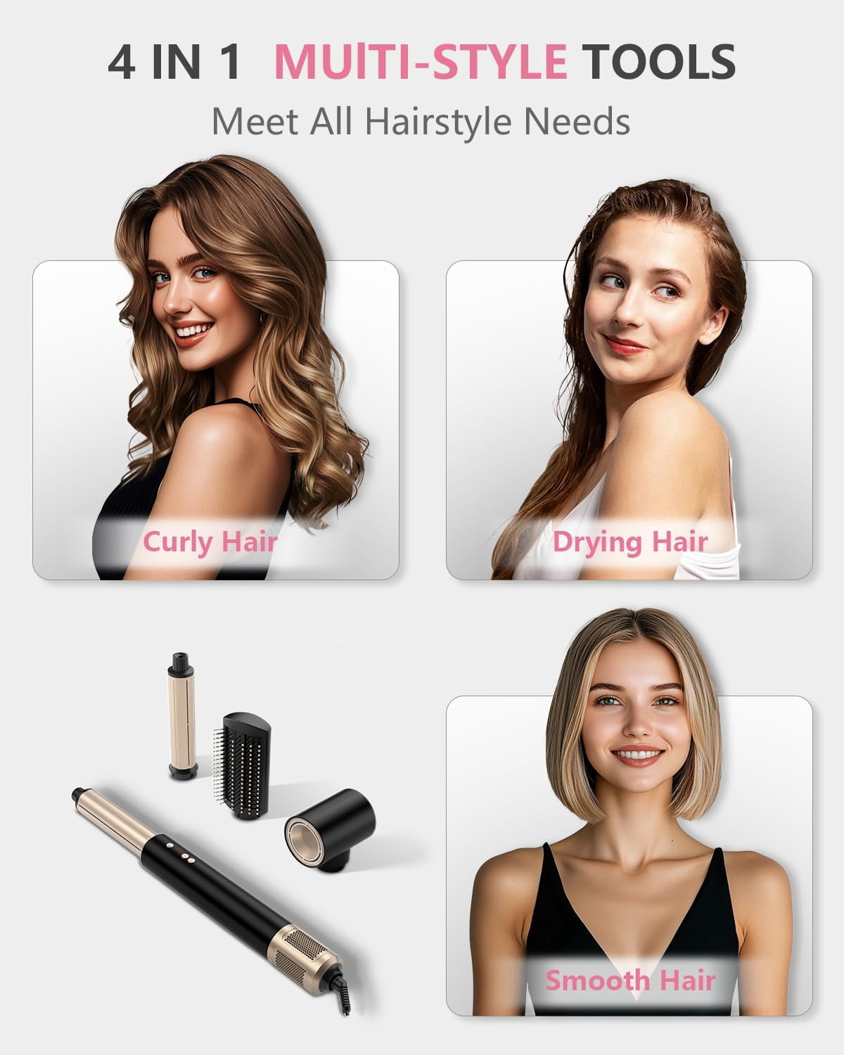 4 in 1 Hot Air Styler Hair Dryer Brush,Auto Air Curling Iron, Fast Drying, Curler, Volumizer, Smoothing, Negative Ionic Airflow Styler with 110,000 RPM High-Speed Brushles