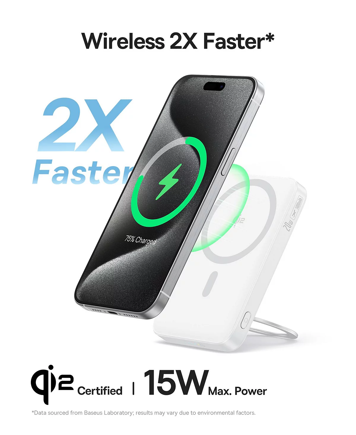 Baseus Qi2 MagSafe Power Bank, PicoGo 5000mAh Wireless Portable Charger with 360° Rotatable Ring Stand, Magnetic Power Bank for iPhone 16/15/14,White