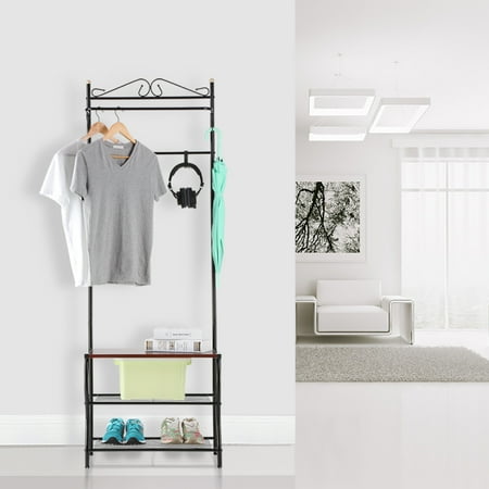 Entry Coat Rack Bench LANGRIA Entryway Metal Storage Shoe Bench with Coat Rack, 3 Tiers and 5 Free Hooks,77.2 - 83.8 lbs Capacity, 23.6 x 14.2 x 68.9 Inches, Black ()