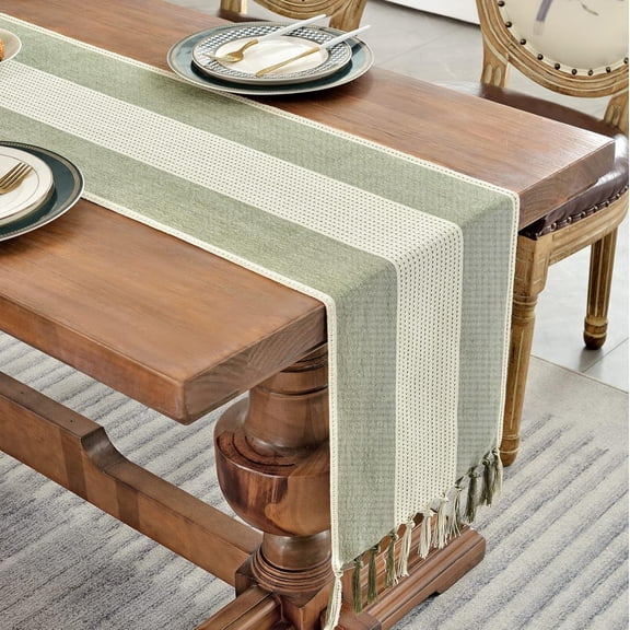 Linen Table RunnerRustic Table Runner with Tassels, Cotton Linen Farmhouse Table Decoration for Holiday Party, Wedding and Dining, 63 Inches