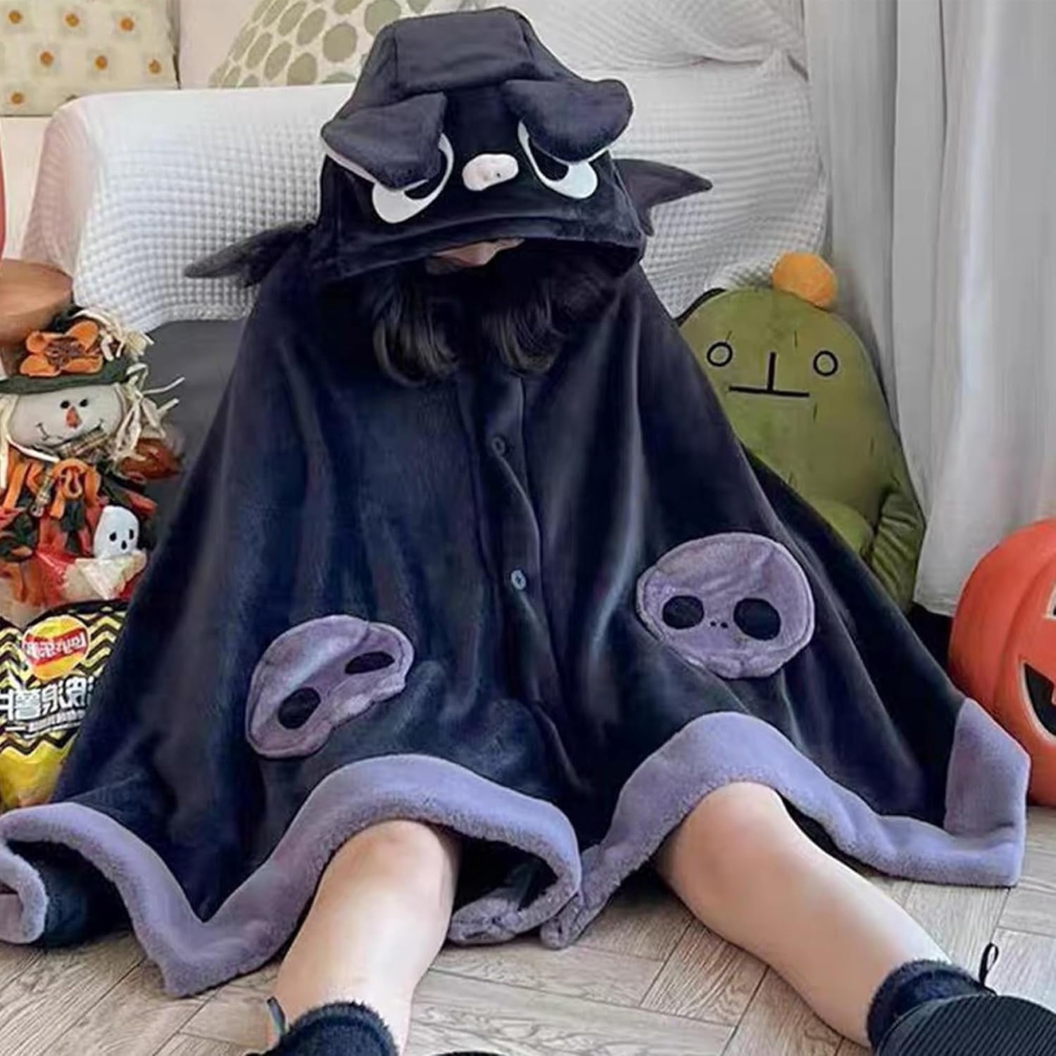 Bat Blanket Hoodie, Halloween Wearable Blanket with Hood | Soft Cozy Oversized Halloween Snuggie for Adults and Teens, for Cosplay, Parties, Lounging and Gifts