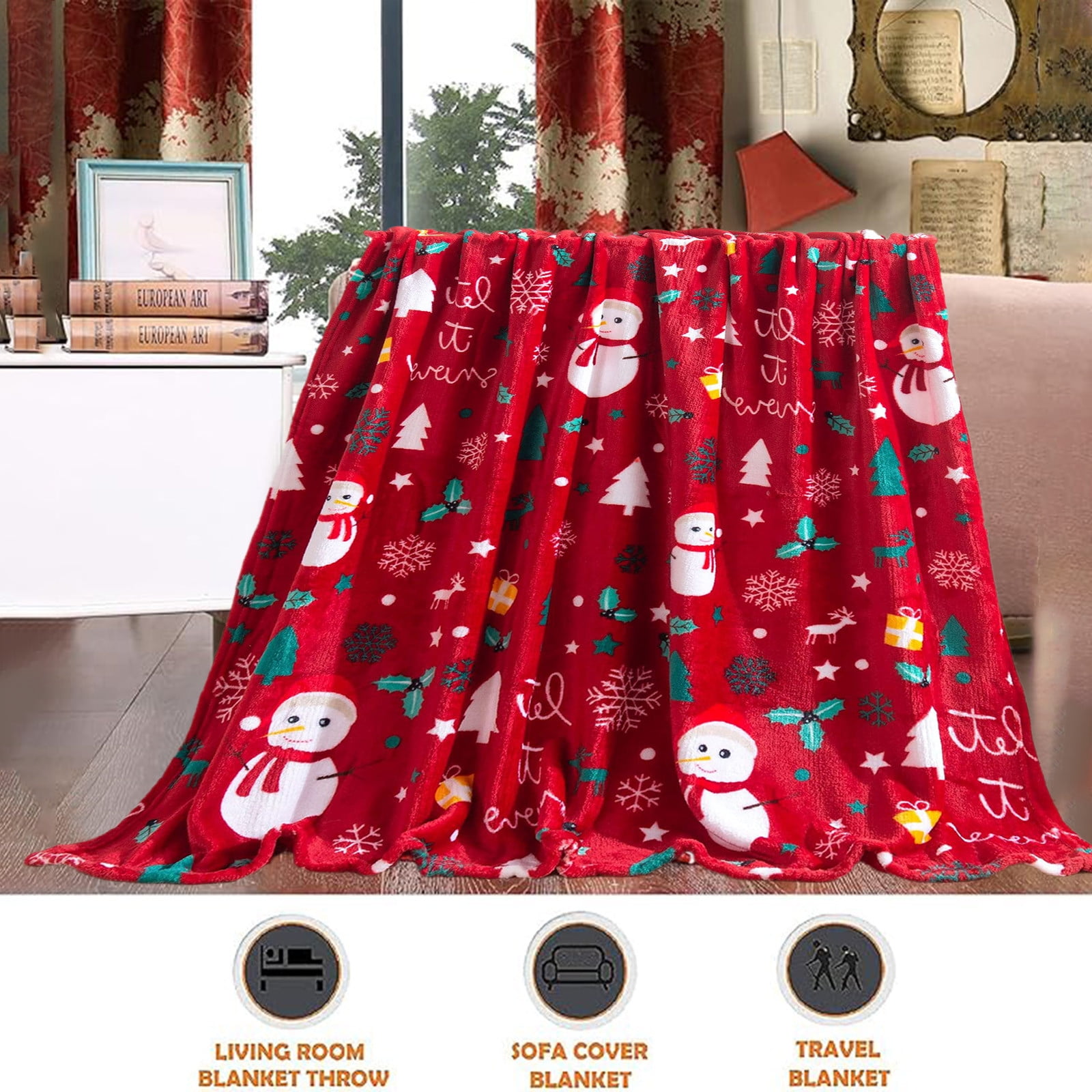 KeirineCC Christmas Throw Blanket | Red Snowflake Snowman Christmas Fleece Blanket | Soft, Plush, Warm Winter Cabin Throw, 27.5x39.3inch(F)