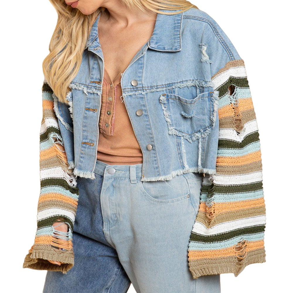 Women Denim Patchwork Jacket Button Down Distressed Cropped Denim Jacket Striped Pattern Long Sleeve with Pockets Streetwear Walmart
