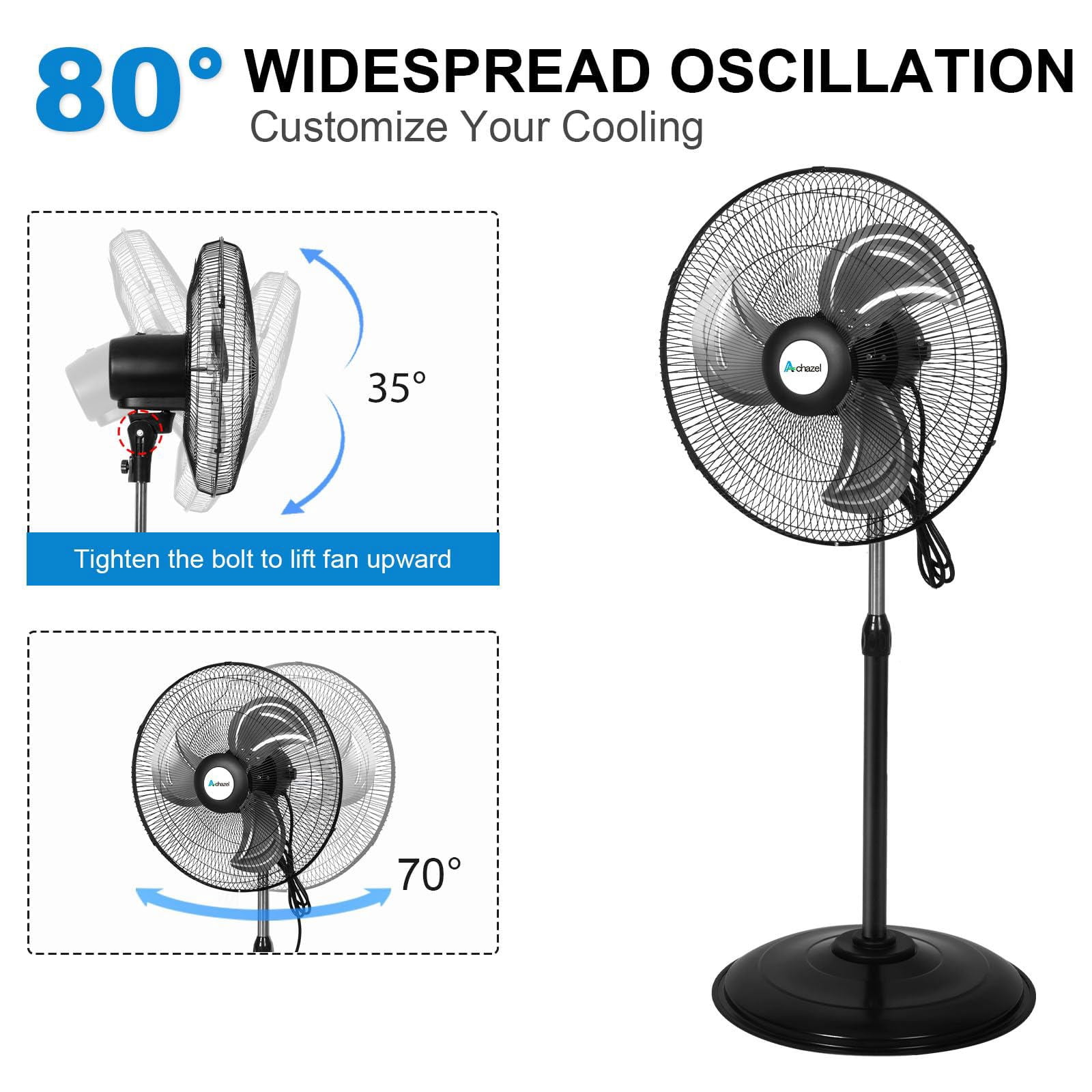 Achazel 18" Oscillating Pedestal Fan, 3 Speeds Heavy Duty Industrial Standing Fan with Aluminum Blades Adjustable Height for Commercial and Garage