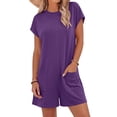 thumbnail image 4 of Women's Romper Short Sleeve Jumpsuit with Pockets Solid Wide Leg Shorts Playsuits Ladies Summer Loose Lightweight Plain Daily Wear for Swim Beach Party Jumpsuits Purple XXL, 4 of 7