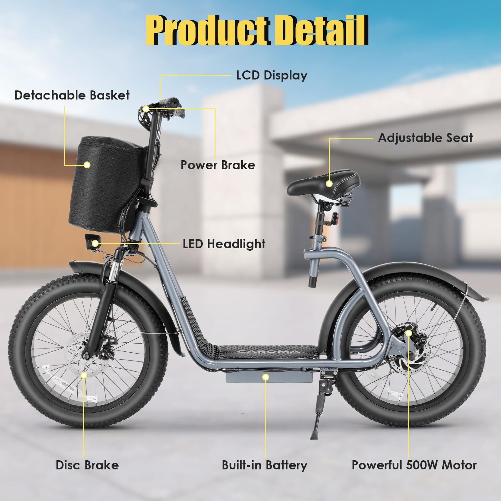 HOTEEL Max Electric Bike for Adults with 819W Peak Motor, 30Miles 20MPH Commuting Electric Scooter with Adjustable Seat & Carry Basket, 20" Tires, Gray