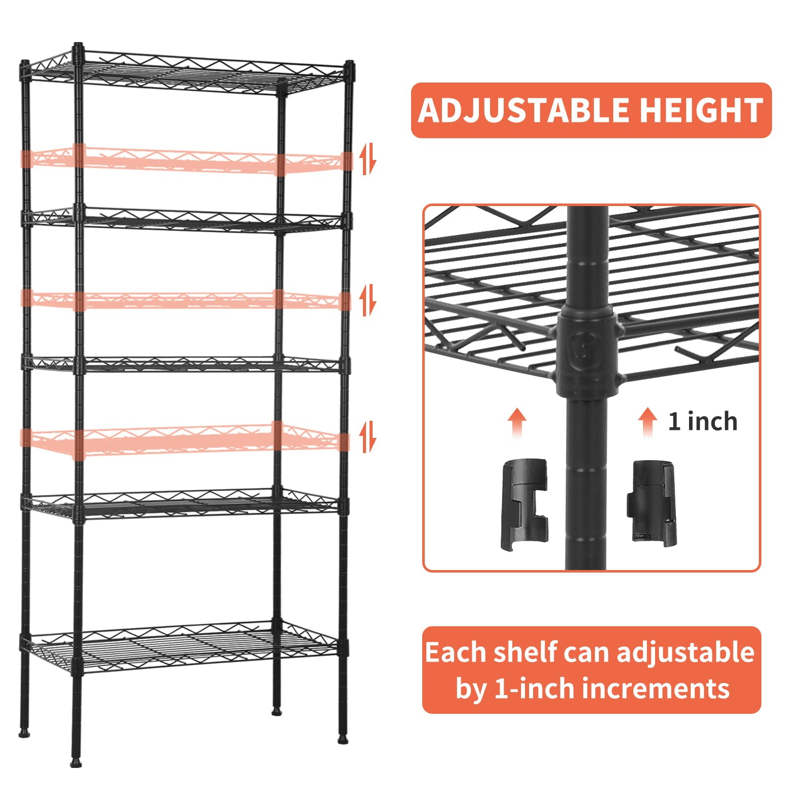 5-Tier Shelving Unit Adjustable Metal Shelves 48" H Storage Rack Wire Shelf for Pantry Kitchen Closet Organization Space Saving, 750LB Capacity, 21.5D x 11.6W x 47.6H, Black