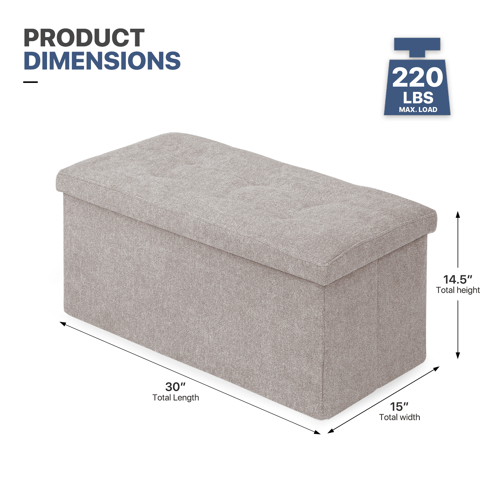 MoNiBloom 30" Folding Storage Ottoman Bench, Cotton-linen Collapsible Footrest Ottoman with Storage, for Living Room Bedroom Entryway, Sandy Beige