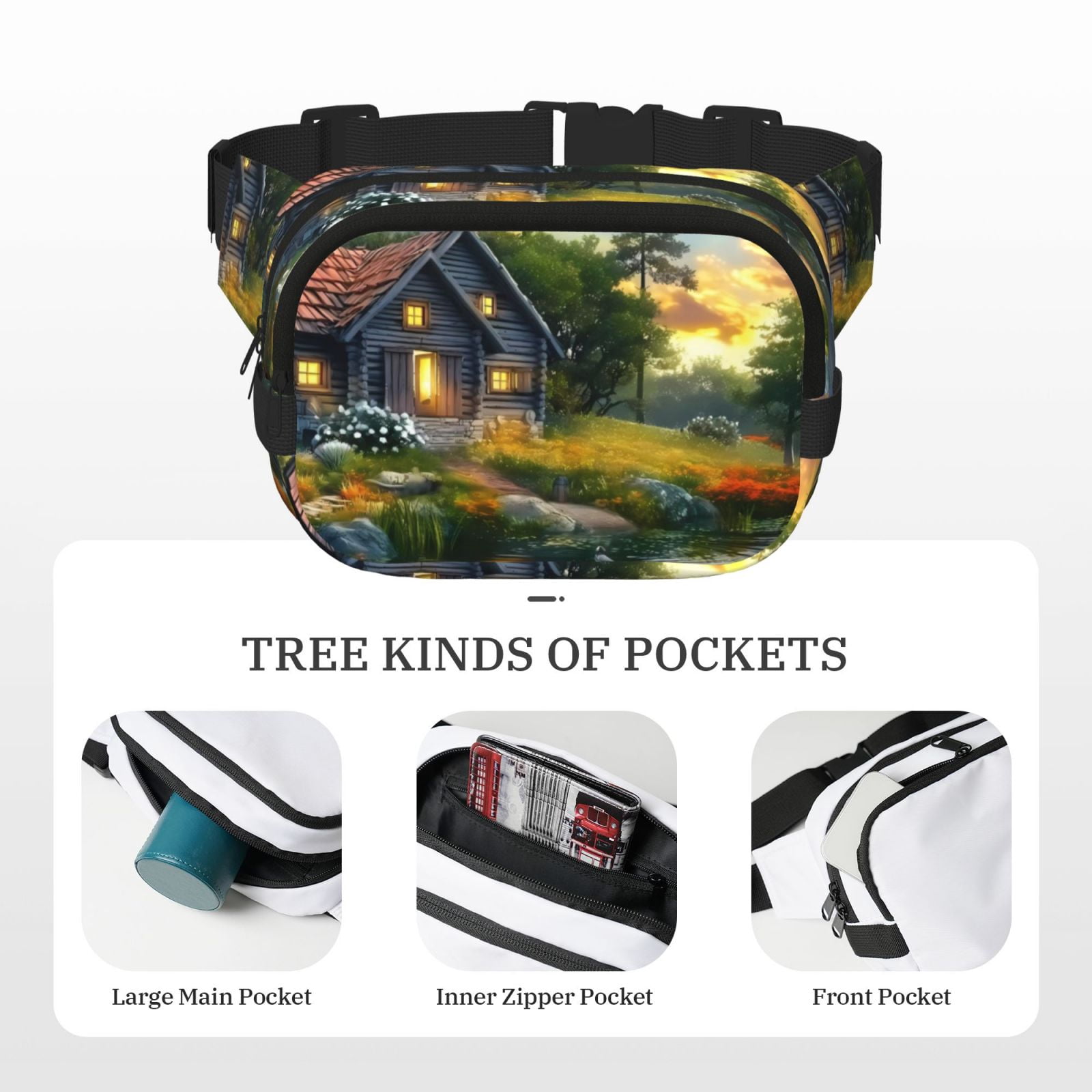 Picia Cozy Cottage Lakeside Sunset Print Square Double-Layer Waist Bag Mini Adjustable Waist Belt Bag Exercise Running Travel Hiking