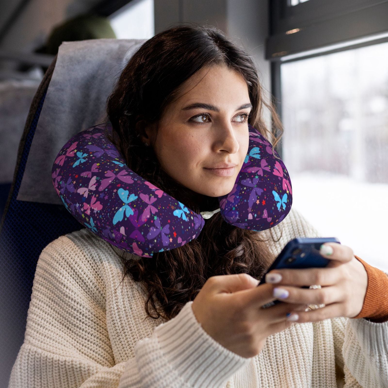 Xecao Bright Purple Butterflies Print Memory Foam Cervical Neck Pillow Versatile U-Shaped Pillows for Home,Office,Camping,Travelling,Soft Washable Cover