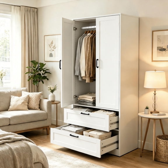 Gyger 63.5 " Armoire Wardrobe Closet with Hanging Rod and 2 Drawers,Freestanding Armoire Storage Cabinet,Modern Wooden Wardrobe for Bedroom,White