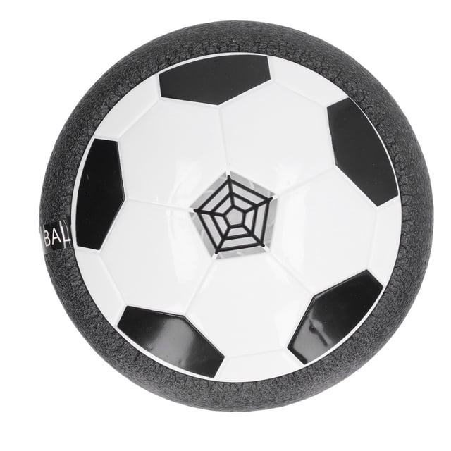 disco deslizante para mascotas buyweek juguete de disco deslizante para perros interactivo multicolor. Vista cenital de un disco redondo con patrón tipo balón de fútbol blanco y negro, borde exterior de espuma gris texturizada y superficie central plástica brillante con diseño de telaraña; diseñado para deslizarse sobre baldosas, madera y alfombras, funciona con 4 pilas AA (no incluidas). Adecuado también para juegos de búsqueda en interiores como actividad de estimulación mental.