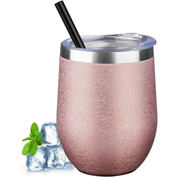 shiyou-12 oz Insulated Wine Tumbler with Lid and Straw Double Wall Vacuum Insulated Wine Cup Stainless Steel Wine Tumbler Glasses for Coffee,Champaign,Office (Wrinkle Paint Rose Gold,1)
