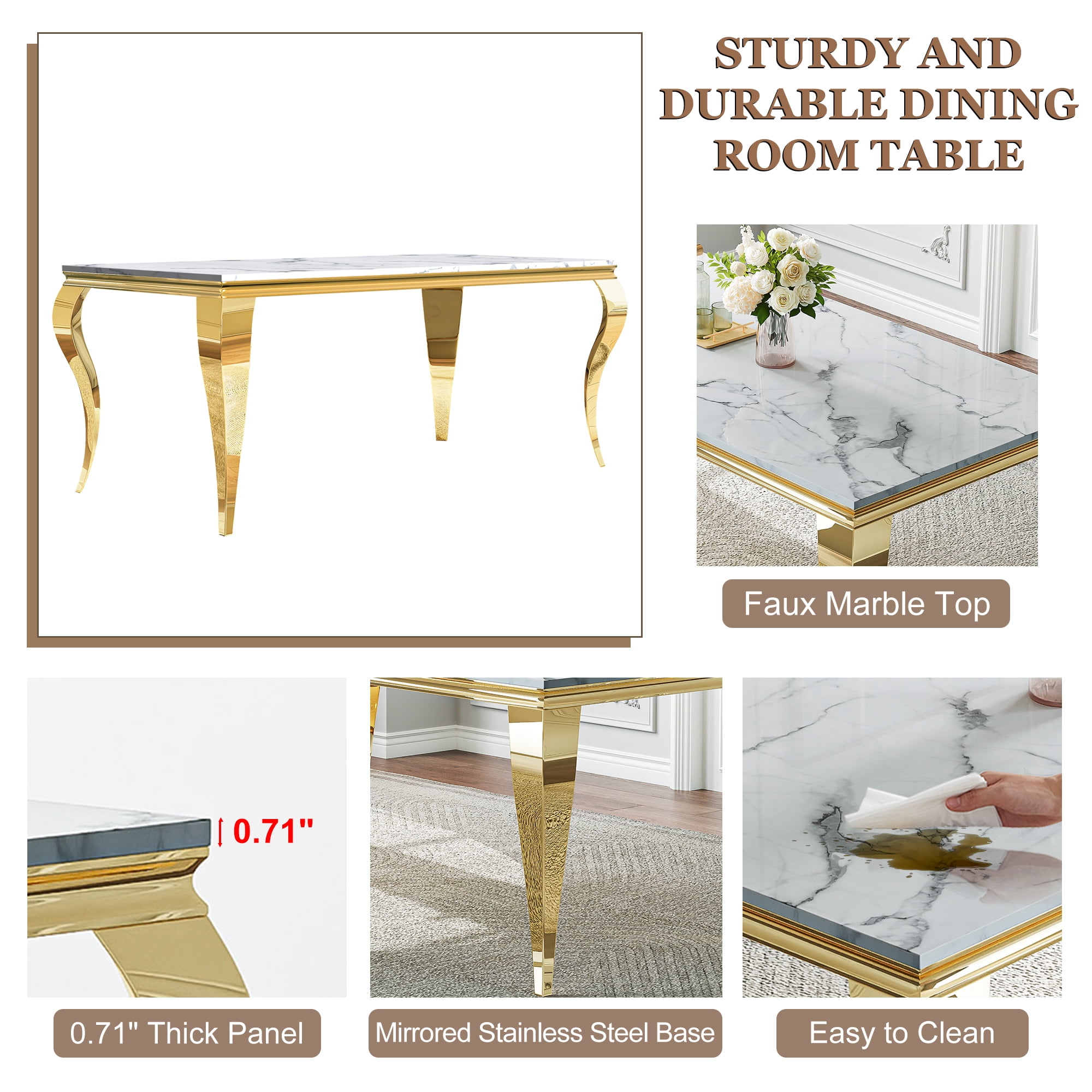 Modern Marble Dining Table, 70" Faux Marble Top and Polished Stainless Steel S-Shaped Legs, for Apartment, Living Room, Kitchen