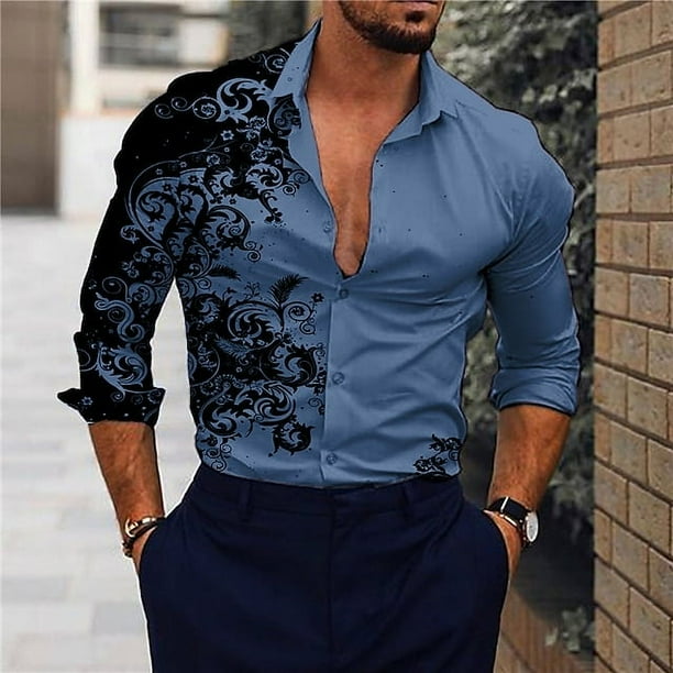 Camisas de manga larga con estampado floral de otoño para hombre, ropa de estilo étnico de tendencia para hombre, camisas casuales con personalidad de moda, camisetas de manga larga para hombre