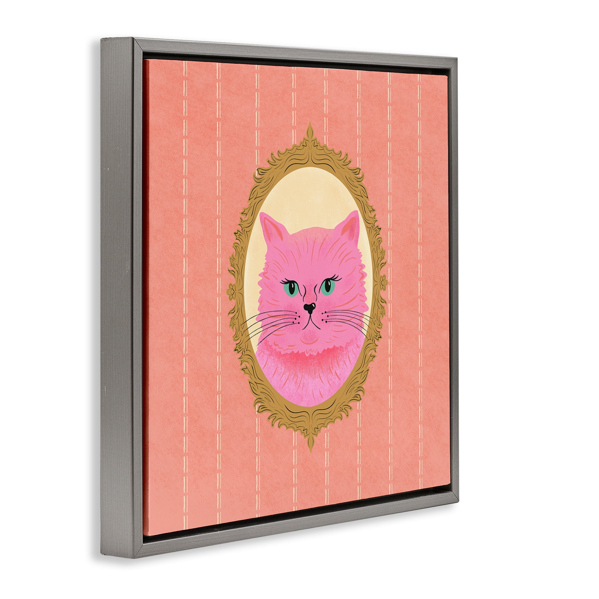 Stupell Industries Pink Cat Portrait Animals Painting Gray Floater Framed Canvas Art Print Wall Art, 25 x 25