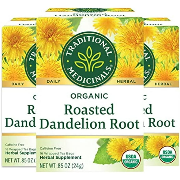 Traditional Medicinals Organic Roasted Dandelion Root Herbal Tea, Supports Healthy Digestion, (Pack Of 3) - 48 Tea Bags Total