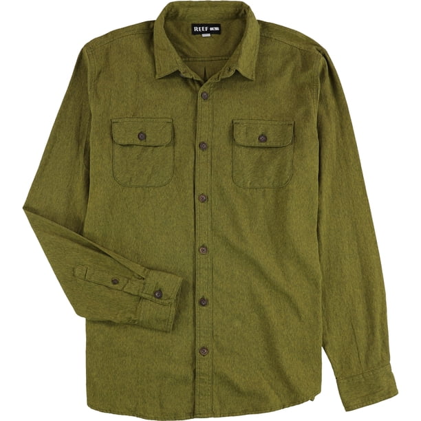 Reef Mens Rask Button Up Shirt, darkgreen, S Neck