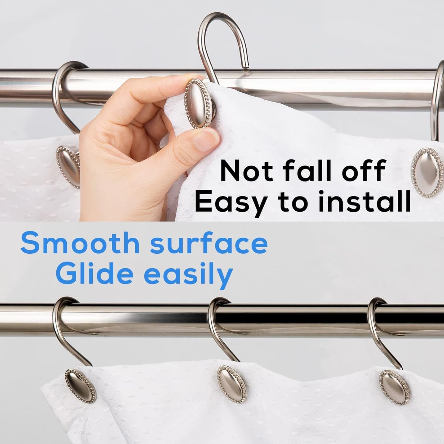 Brushed Nickel Shower Curtain Hooks Decorative Rings Rust Resistant Metal Hooks for Bathroom Proof Hangers Rod Set of 12