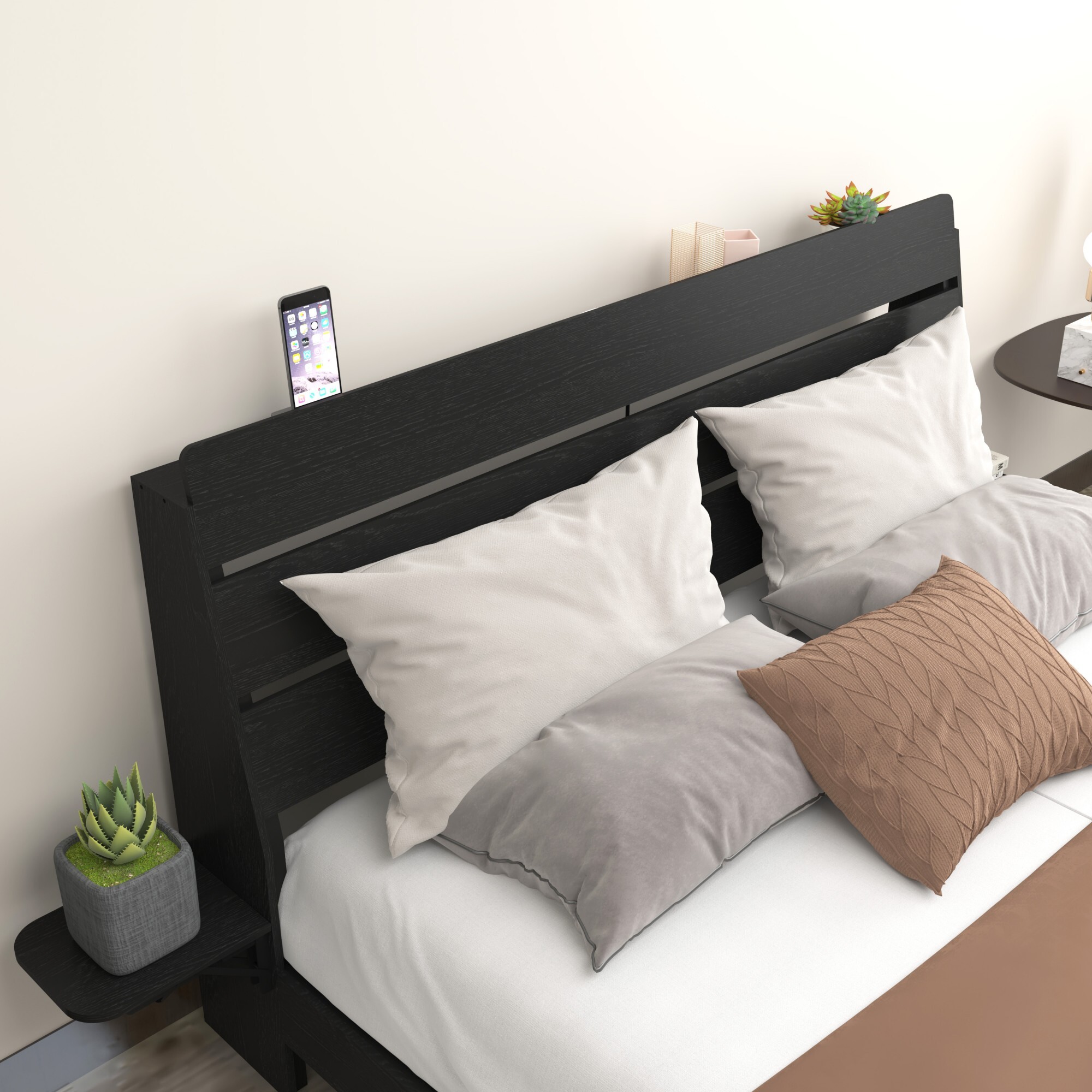 AENKYO Floating Design Queen Bed Frame with LED Lights, Foldable Tabletops, Storage Headboard with USB Charging, Black