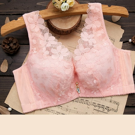 Up to 60% off Wireless Bra  Woman s Solid Color Thin Style Ventilate Back Buckle Lace Bra Steel Rim(Pink 46/105C)