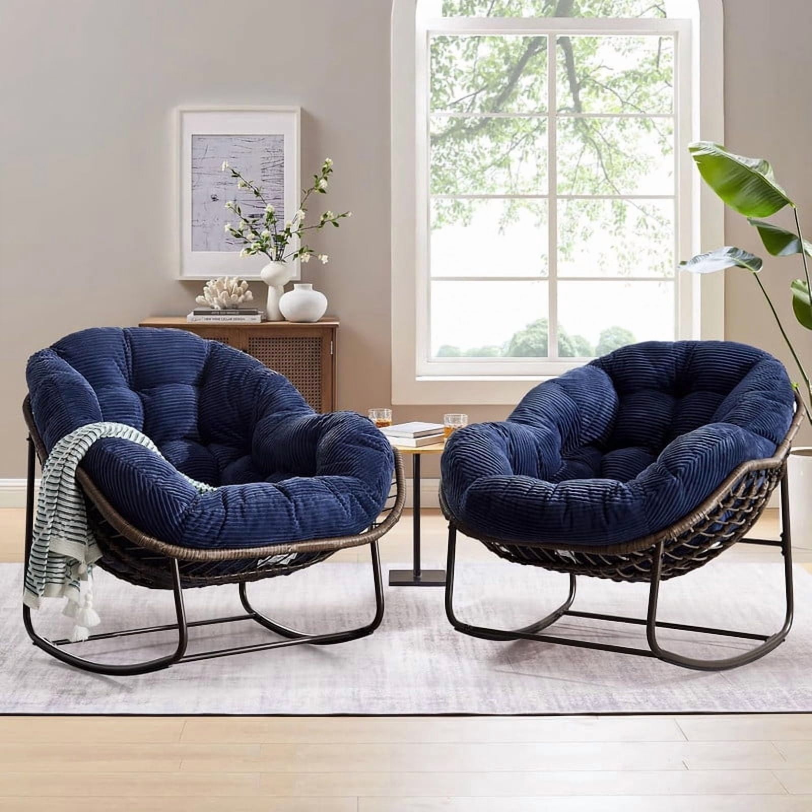Outdoor Rattan Rocking Chair, Rocking Papasan Chair with Thick Cushion, Comfy Wicker Egg Chairs Lounge Recliner Chair, Padded Cushion Rocker
