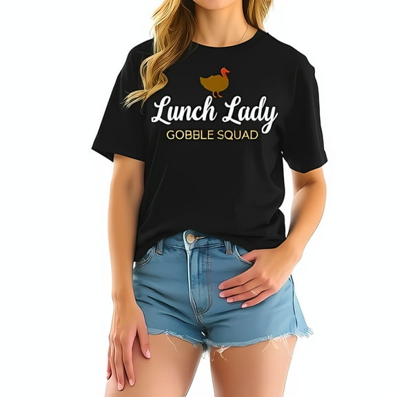 Thanksgiving Cotton Short Sleeve T-Shirt - 'Lunch Lady Gobble Squad' Turkey Design for Casual Wear