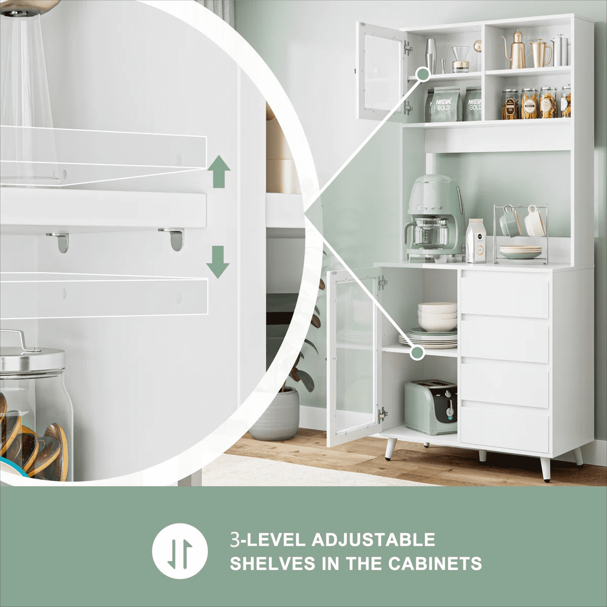 Homfa 70''H Pantry Storage Cabinet, Kitchen Hutch Cabinet with Tempered Glass Doors & 2 Adjustable Shelves, White