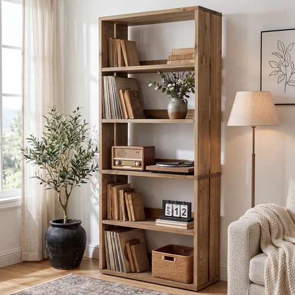 Finmind 5-Tier Wood Bookshelf, 70.8 inch Tall Farmhouse Bookcase with Open Storage Shelf, Freestanding Bookshelves Display Rack for Home Office, Living Room, Brown