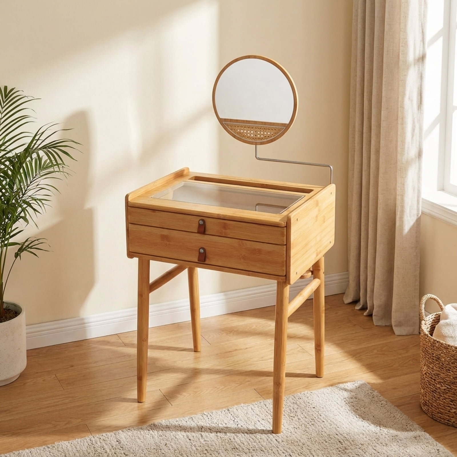 Furnibear Bamboo Makeup Vanity Table with Stool and 360-Degree Rotating Mirror for the Bedroom Makeup Room, Natural