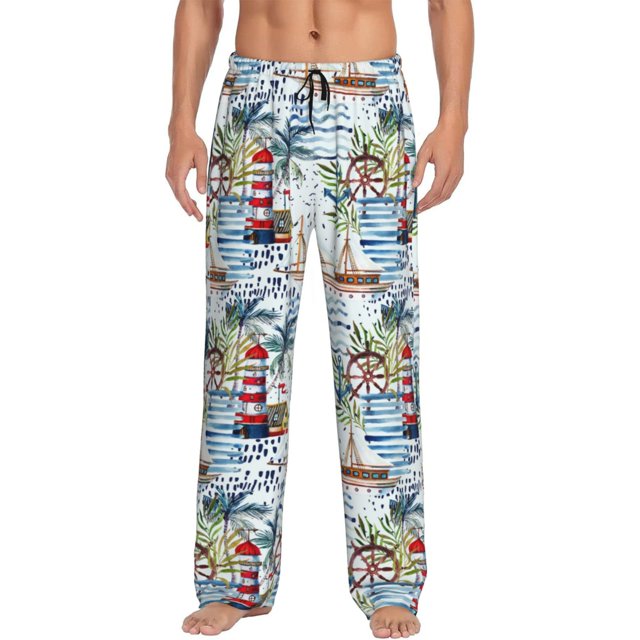 Fotbe Watercolor Sailboat Pantalones de Pijama para Hombre, Pantalones de Dormir, Pantalones de Casa con Cintura Ajustable y Bolsillos-Small
