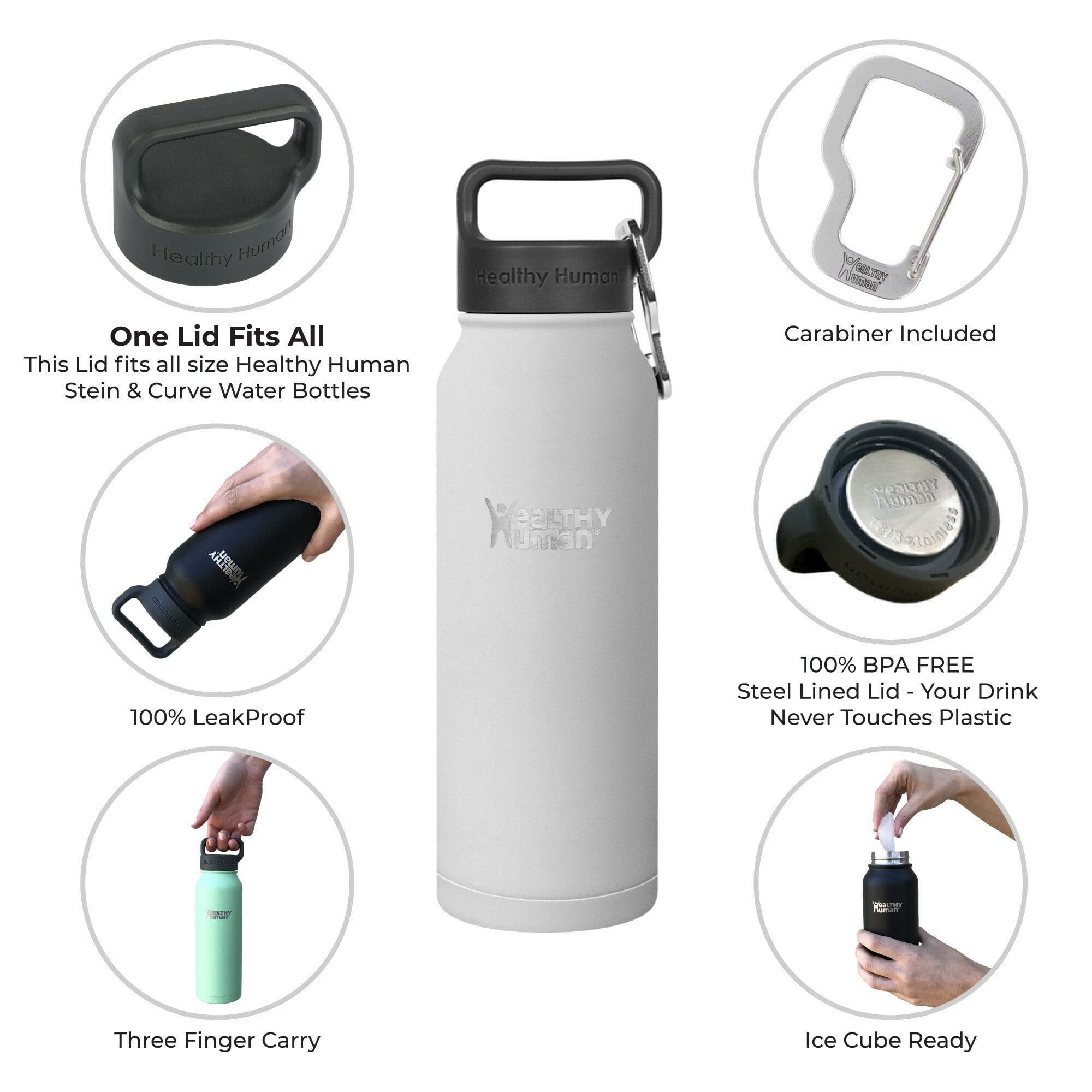 Healthy Human Stainless Steel Water Bottle | Double Walled Vacuum Insulated Water Thermos for Adults | Eco-Friendly Travel Bottles with Leak Proof Lid (Pure White, 21 oz/ 621 ML)